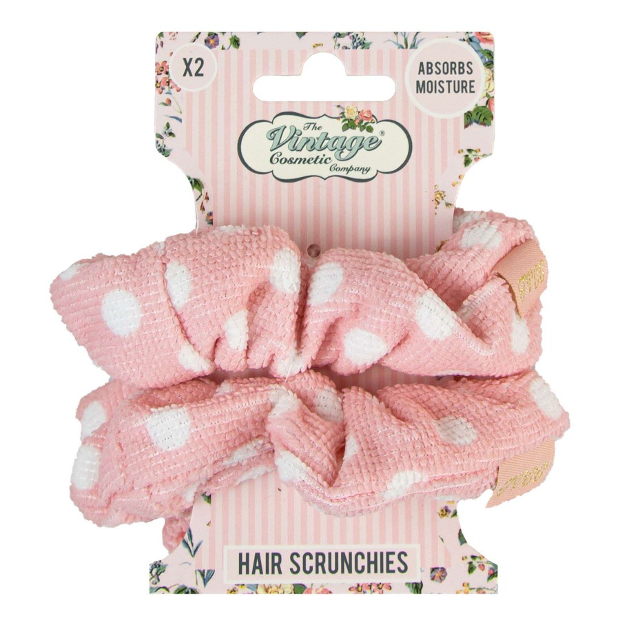 Accessories * | Pink Polka Dot Microfibre Hair Scrunchies The Vintage Cosmetic Company Tendy Style